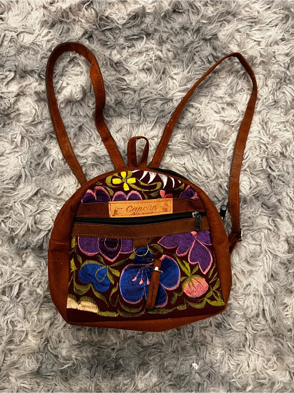 Artisan Brown Embroidered Floral Mini Backpack